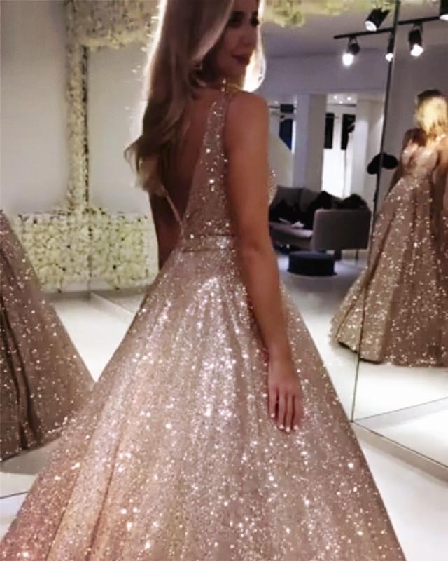 Bling Bling Sequin V-neck Ball Gowns Prom Dresses