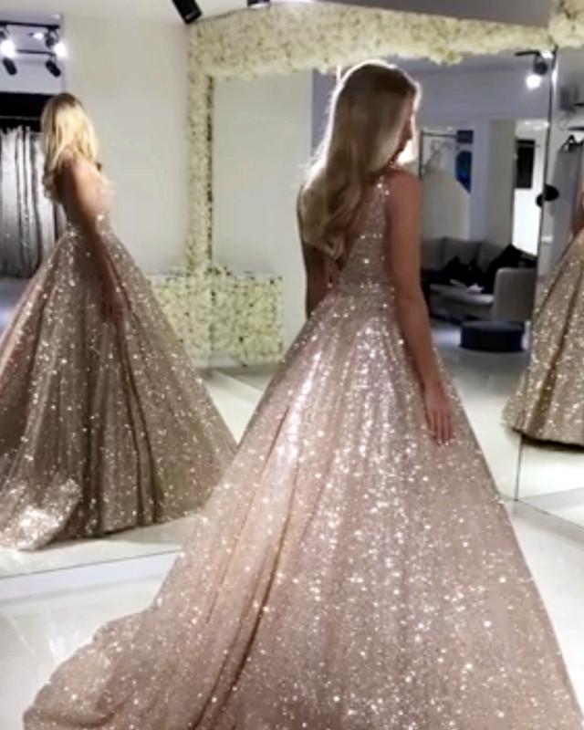 Bling Bling Sequin V-neck Ball Gowns Prom Dresses