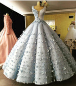 Afbeelding in Gallery-weergave laden, Light Blue Satin V Neck Ball Gown Flower Wedding Dresses
