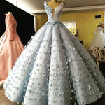 Afbeelding in Gallery-weergave laden, Light Blue Satin V Neck Ball Gown Flower Wedding Dresses

