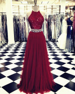 Load image into Gallery viewer, Lace Crop Top Tulle Prom Dresses Two Piece Evening Gowns Beaded Sashes
