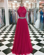 Load image into Gallery viewer, Lace Crop Top Tulle Prom Dresses Two Piece Evening Gowns Beaded Sashes
