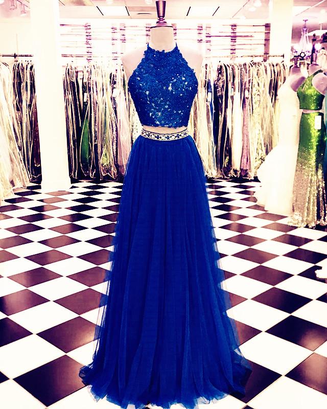 Lace Crop Top Tulle Prom Dresses Two Piece Evening Gowns Beaded Sashes