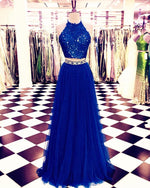 Load image into Gallery viewer, Lace Crop Top Tulle Prom Dresses Two Piece Evening Gowns Beaded Sashes
