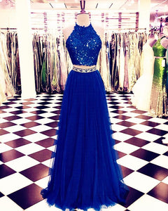 Lace Crop Top Tulle Prom Dresses Two Piece Evening Gowns Beaded Sashes