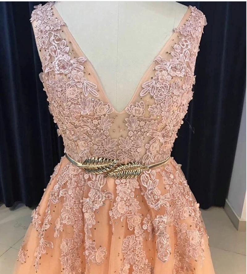 Gorgeous Lace Appliques V Neck Long Tulle Couture Evening Gowns