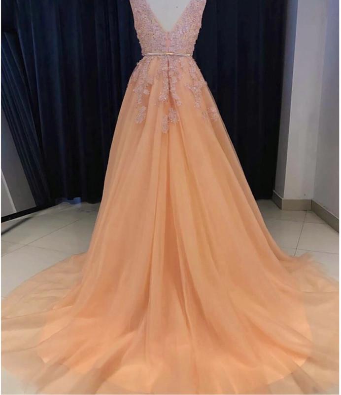 Gorgeous Lace Appliques V Neck Long Tulle Couture Evening Gowns