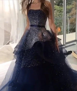 Fully Beading Strapless Navy Blue Ball Gown Prom Dresses 2018
