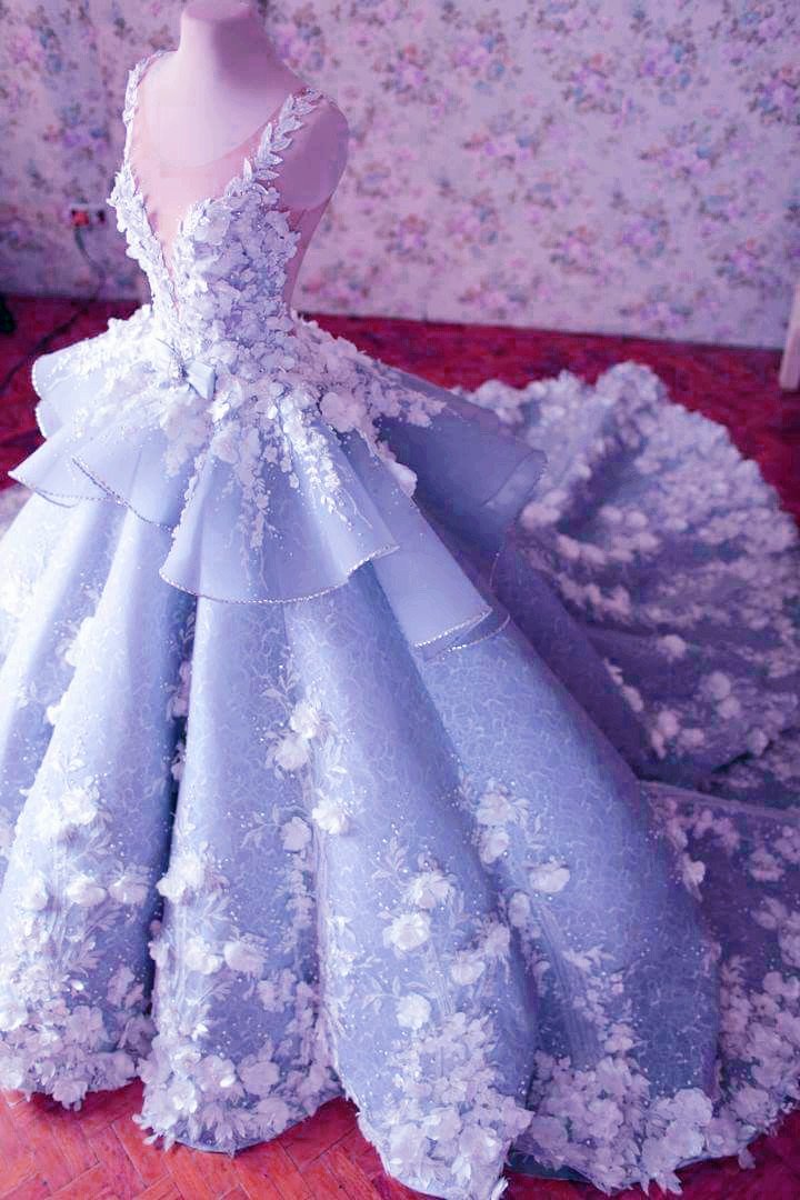 Luxurious Floral Lace Beaded Sweep Train Ball Gown Wedding Dresses 2018