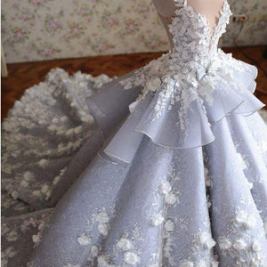 Luxurious Floral Lace Beaded Sweep Train Ball Gown Wedding Dresses 2018