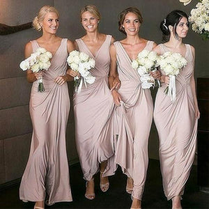 Nude Pink Long Chiffon V Neck Bridesmaid Dresses