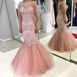 Load image into Gallery viewer, Pink Lace Appliques Long Sleeves Mermaid Evening Dresses
