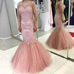 Load image into Gallery viewer, Pink Lace Appliques Long Sleeves Mermaid Evening Dresses
