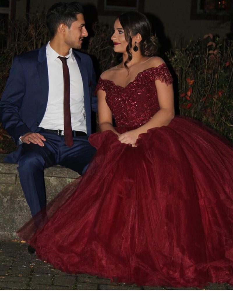 Gorgeous Lace Beaded Sheer Neckline Maroon Ball Gown Wedding Dresses