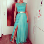Load image into Gallery viewer, Long Tulle Side Slit Evening Gowns With Gold Belt
