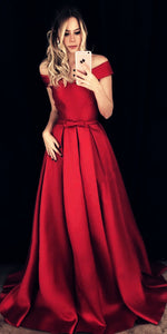 Load image into Gallery viewer, Maroon Satin V-neck Off-the-shoulder Prom Dresses Floor Length Evening Gowns
