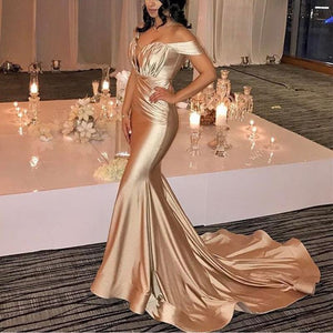 Ruched Sweetheart Long Champagne Satin Mermaid Evening Dress