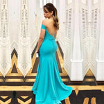 Load image into Gallery viewer, Turquoise Satin Mermaid Backless Evening Gowns Off The Shoulder
