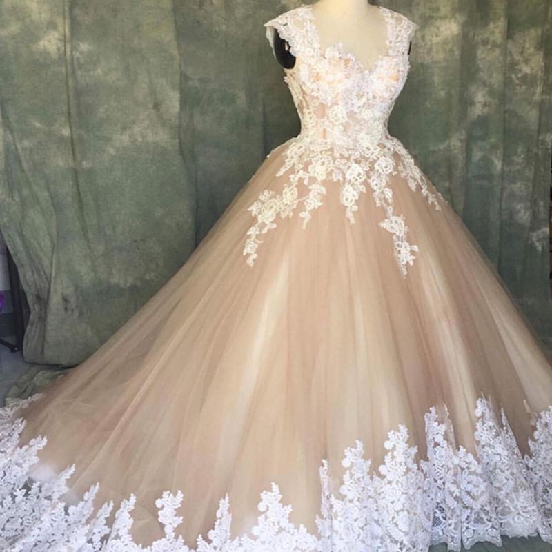 A Line Ivory Lace Cap Sleeves Tulle Champagne Wedding Dresses