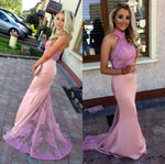Afbeelding in Gallery-weergave laden, Long-Pink-Mermaid-Halter-Prom-Dresses-Formal-Evening-Gowns-Lace-Appliques
