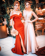 Load image into Gallery viewer, Mermaid V-neck Off Shoulder Evening Dresses Long Satin Split Prom Gowns
