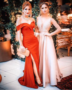 Mermaid V-neck Off Shoulder Evening Dresses Long Satin Split Prom Gowns