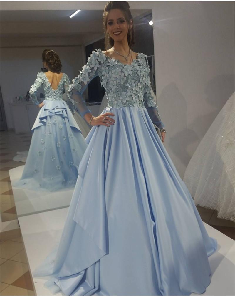 Chic Floral Lace V Neck Long Sleeves Formal Evening Gowns 2018 Prom Dresses