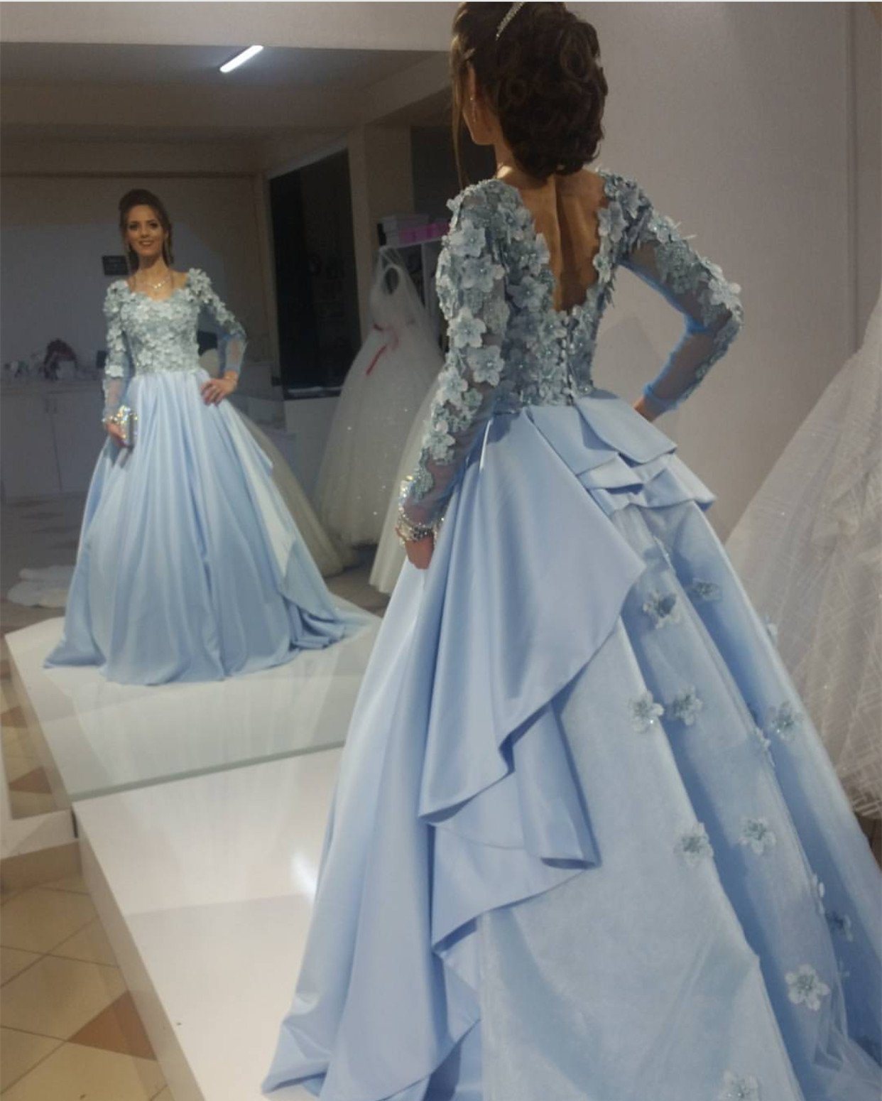Chic Floral Lace V Neck Long Sleeves Formal Evening Gowns 2018 Prom Dresses
