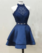 Cargar imagen en el visor de la galería, Navy-Blue-Homecoming-Dresses-Two-Piece-Prom-Dresses-Lace-Crop-Top
