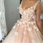 Load image into Gallery viewer, Blush Pink Tulle V Neck Ball Gown Flower Wedding Dresses

