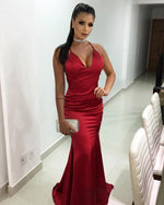 Load image into Gallery viewer, Long Satin V-neck Mermaid Evening Dresses Open Back Prom Gowns

