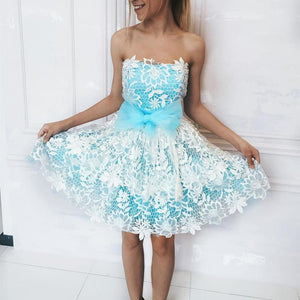 Elegant White Lace Appliques Tulle Cocktail Party Dresses Bow Sashes