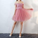 Load image into Gallery viewer, Short Pink Lace Off The Shoulder Bridesmaid Dresses For Wedding Party

