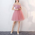 Load image into Gallery viewer, Short Pink Lace Off The Shoulder Bridesmaid Dresses For Wedding Party
