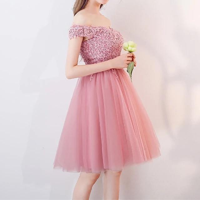 Short Pink Lace Off The Shoulder Bridesmaid Dresses For Wedding Party