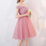 Load image into Gallery viewer, Short Pink Lace Off The Shoulder Bridesmaid Dresses For Wedding Party
