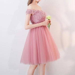 Short Pink Lace Off The Shoulder Bridesmaid Dresses For Wedding Party