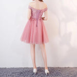 Load image into Gallery viewer, Short Pink Lace Off The Shoulder Bridesmaid Dresses For Wedding Party

