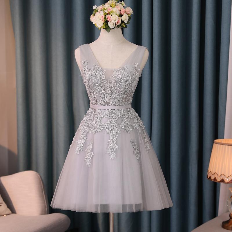 Silver Tulle V Neck Cocktail Party Dresses For Wedding