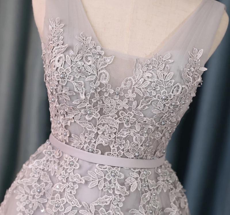 Silver Tulle V Neck Cocktail Party Dresses For Wedding