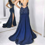 Load image into Gallery viewer, Navy Blue Lace Appliques Sweetheart Mermaid Evening Gowns With Leg Slit
