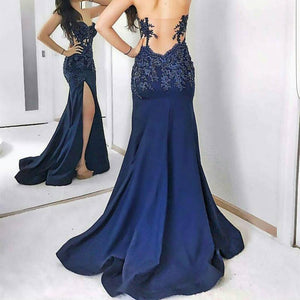 Navy Blue Lace Appliques Sweetheart Mermaid Evening Gowns With Leg Slit