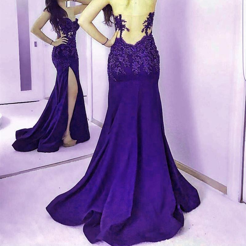 Navy Blue Lace Appliques Sweetheart Mermaid Evening Gowns With Leg Slit