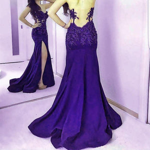 Navy Blue Lace Appliques Sweetheart Mermaid Evening Gowns With Leg Slit