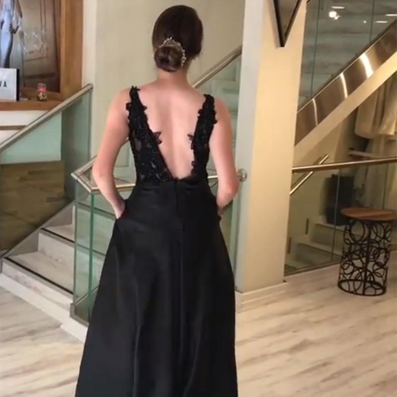 Lace Appliques V Neck Long Black Satin Evening Gowns With Pockets