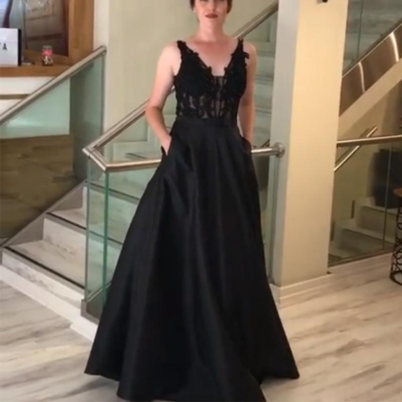 Lace Appliques V Neck Long Black Satin Evening Gowns With Pockets