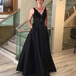 Load image into Gallery viewer, Lace Appliques V Neck Long Black Satin Evening Gowns With Pockets
