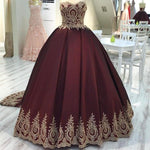 Load image into Gallery viewer, Gold Lace Edge Sweetheart Wine Red Ball Gowns Quinceanera Dresses
