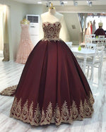 Afbeelding in Gallery-weergave laden, Gold Lace Edge Sweetheart Wine Red Ball Gowns Quinceanera Dresses
