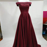 Load image into Gallery viewer, Long Burgundy Satin Evening Gowns Off The Shoulder Prom Dresses 2018
